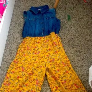 Jumpsuit with jean top and flowery yellow bottoms